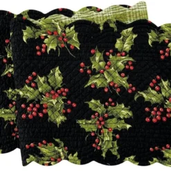 TheHolidayBarn.com April Cornell Quilted Holly Table Runner, Black