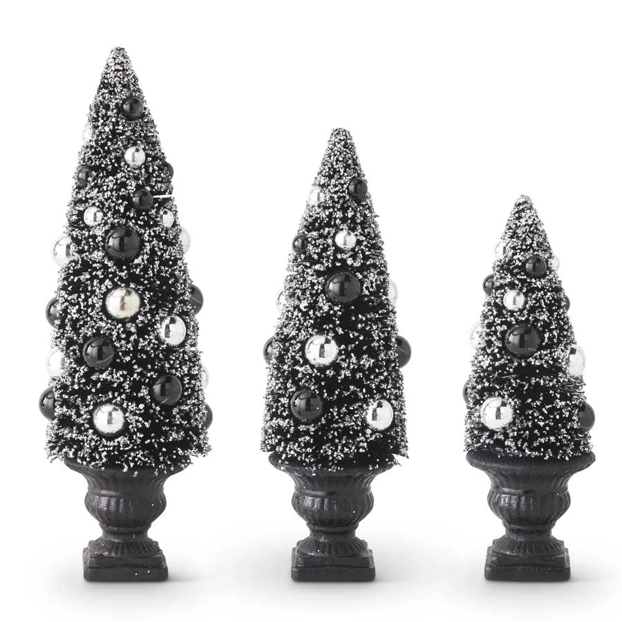 TheHolidayBarn.com Black & Silver Bottle Brush Trees In Urns 3 TheHolidayBarn.com Black & Silver Bottle Brush Trees In Urns