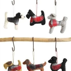 Creative Co-Op Christmas Holiday Dogs In Plaid Jackets - Wool Ornaments