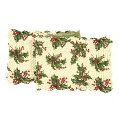 TheHolidayBarn.com Quilted Holly Table Runner, Cream New!