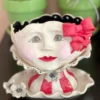 Teyros Lady Head Art Pottery Planter With Tray, Red Bow New! 1 Teyros Lady Head Art Pottery Planter With Tray, Red Bow New!