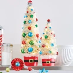 Raz Lighted Bottle Brush Trees In Santa Belt Buckets New!