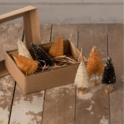 Bethany Lowe New! Mini Halloween Bottle Brush Trees With Gold Glitter